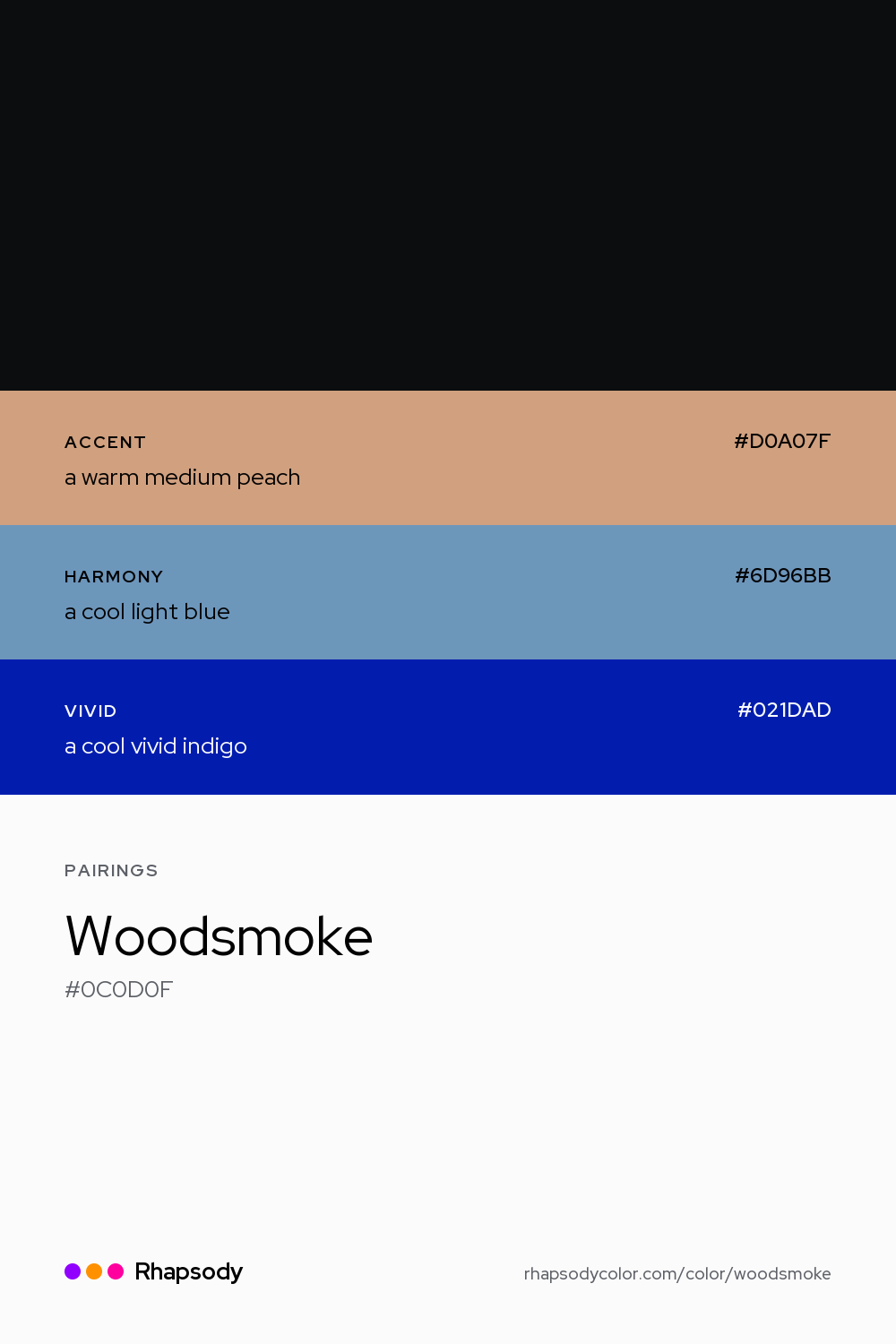 Woodsmoke paired with a warm medium peach #D0A07F, a cool light blue #6D96BB, a cool vivid indigo #021DAD: hex values and roles, from Rhapsody