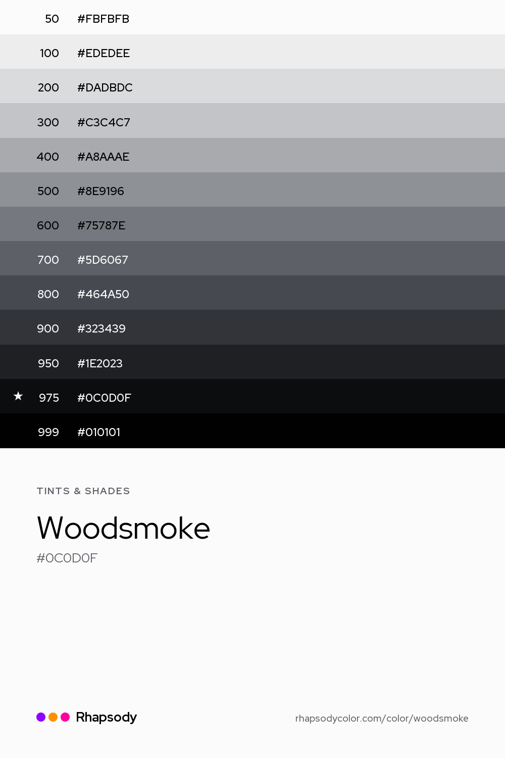 The full tonal scale of Woodsmoke, 13 steps from light to dark with every hex, from Rhapsody