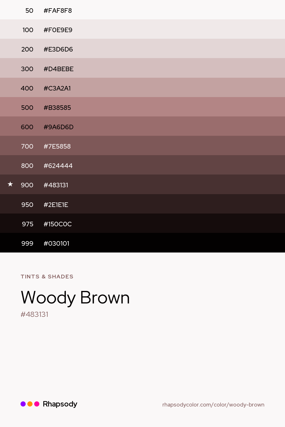 The full tonal scale of Woody Brown, 13 steps from light to dark with every hex, from Rhapsody