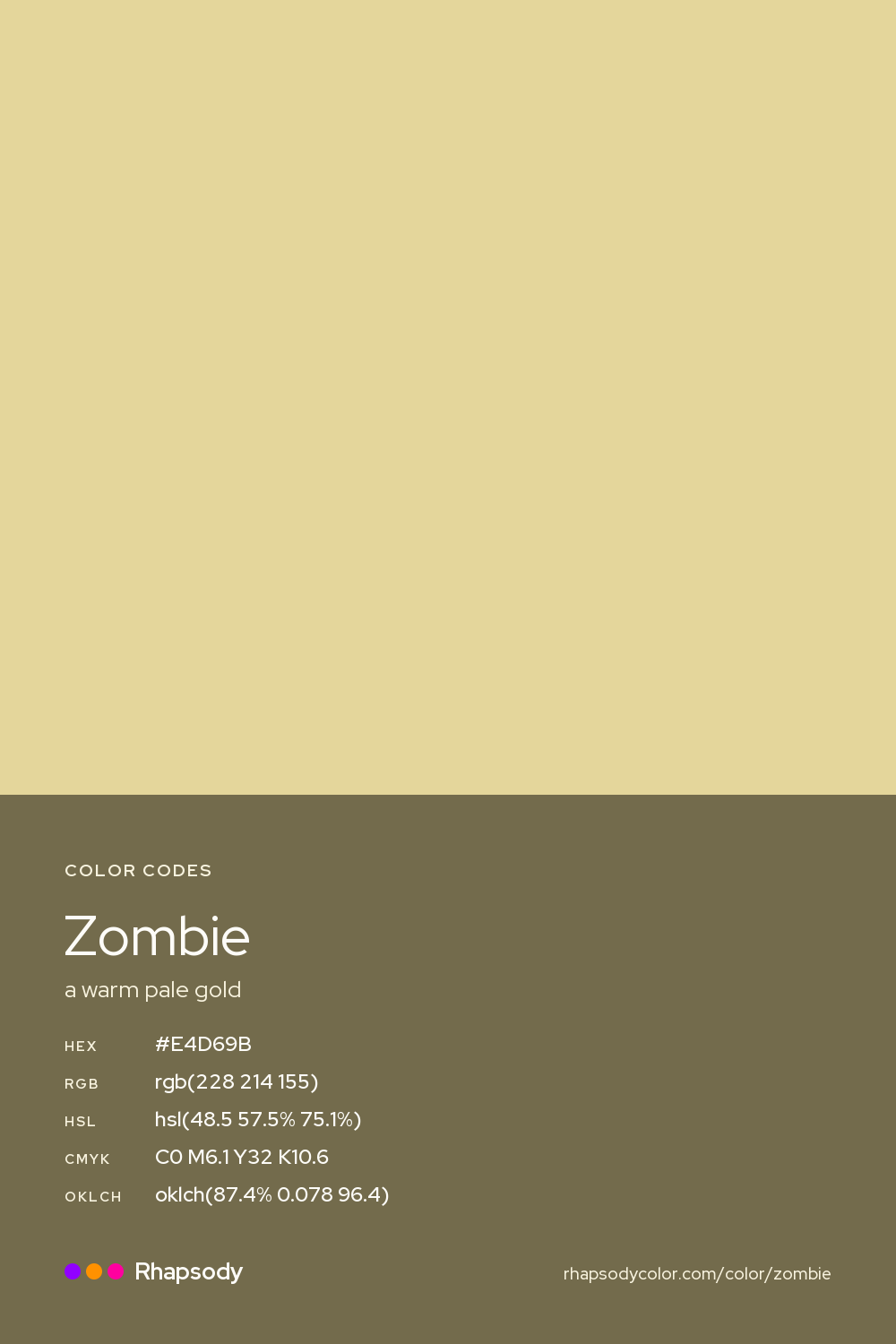 Zombie color codes: hex #E4D69B, RGB, HSL, CMYK, and OKLCH, from Rhapsody