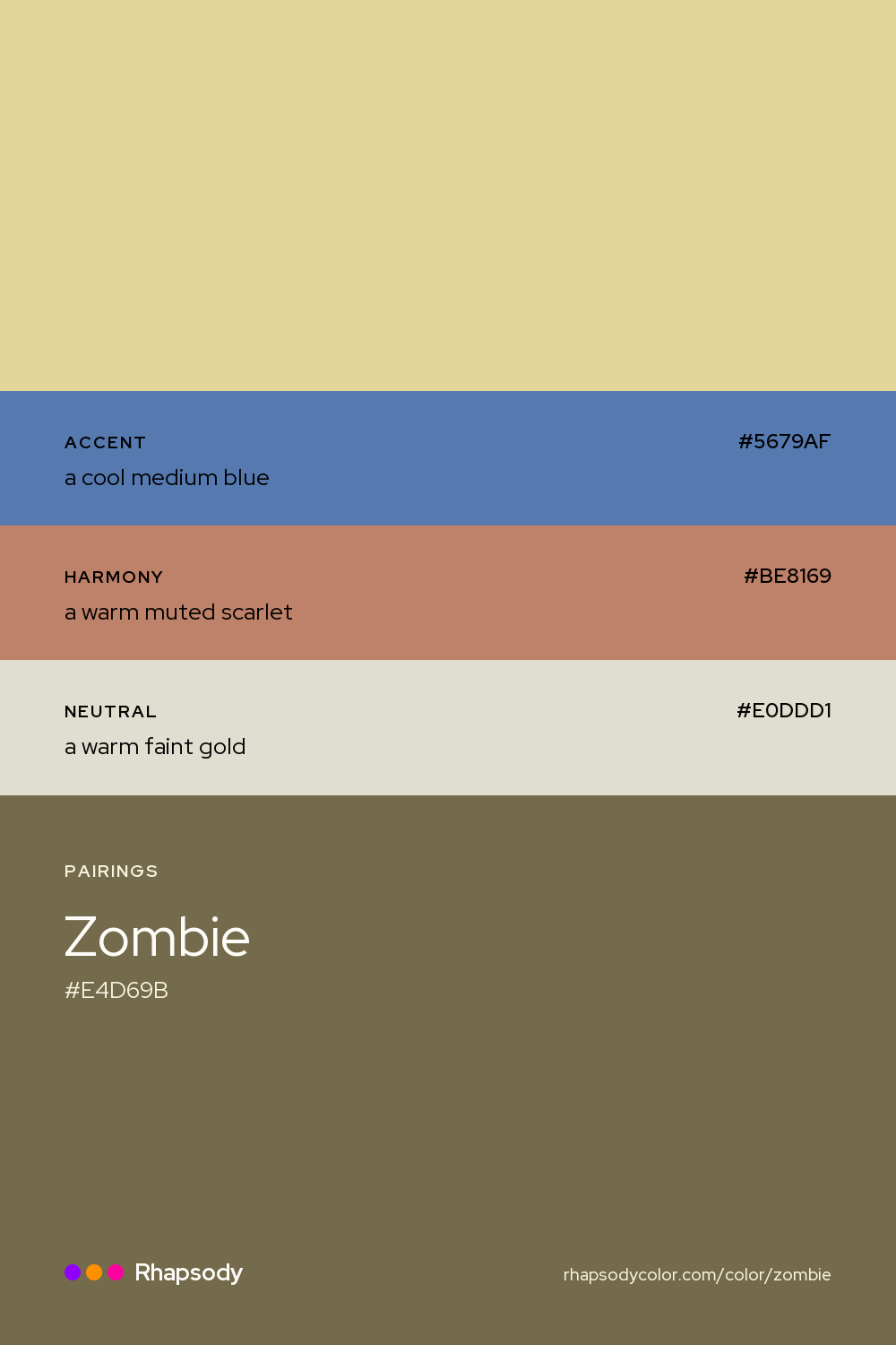 Zombie paired with a cool medium blue #5679AF, a warm muted scarlet #BE8169, a warm faint gold #E0DDD1: hex values and roles, from Rhapsody